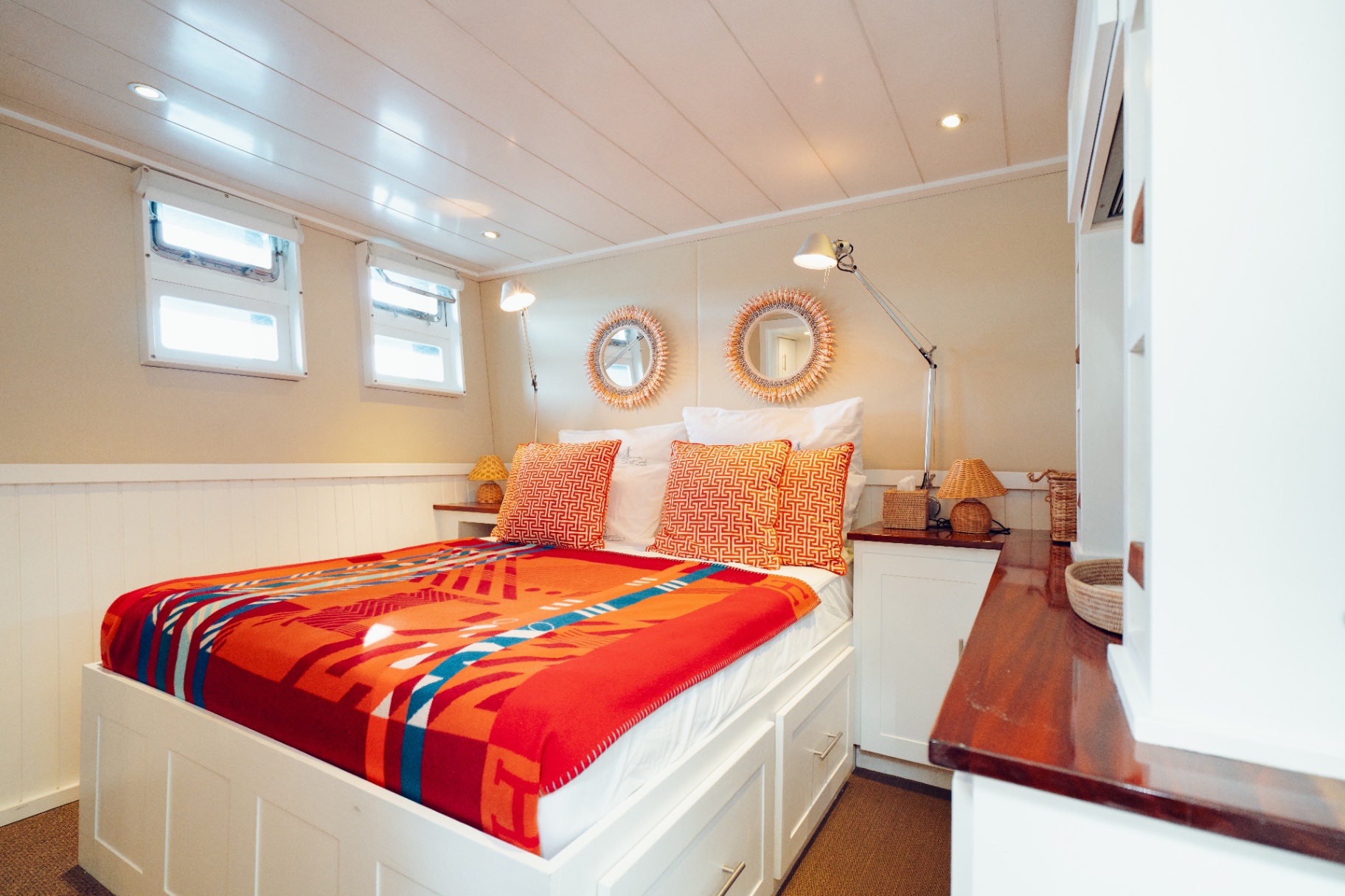 Guest cabin with coral bedding